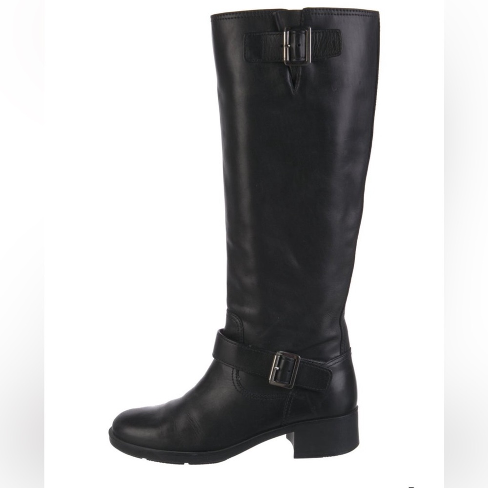 Prada Black Leather Knee-High Riding Buckle Round Toe Boots